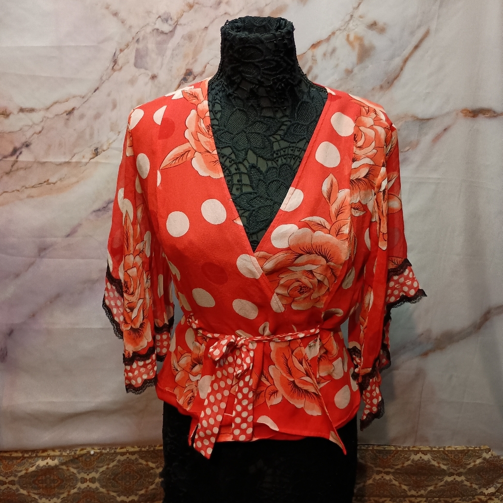 Spenser Jeremy Red Floral & Polka Dot Wrap Blouse